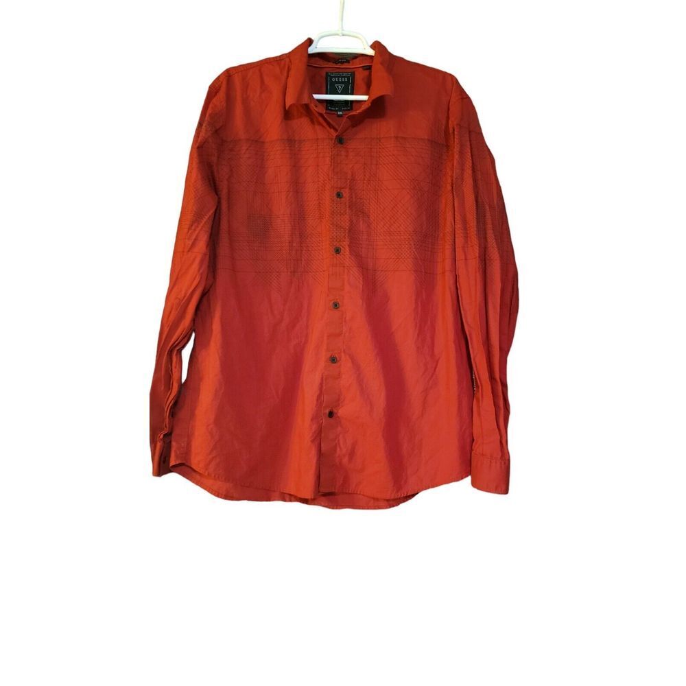 Guess Mens XXL Red Black Slim Fit Long Sleeve Button Preppy Geometric Design Y2K